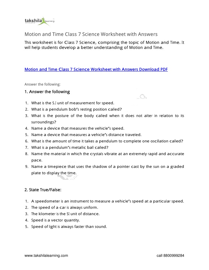 motion and time class 7 science worksheet with