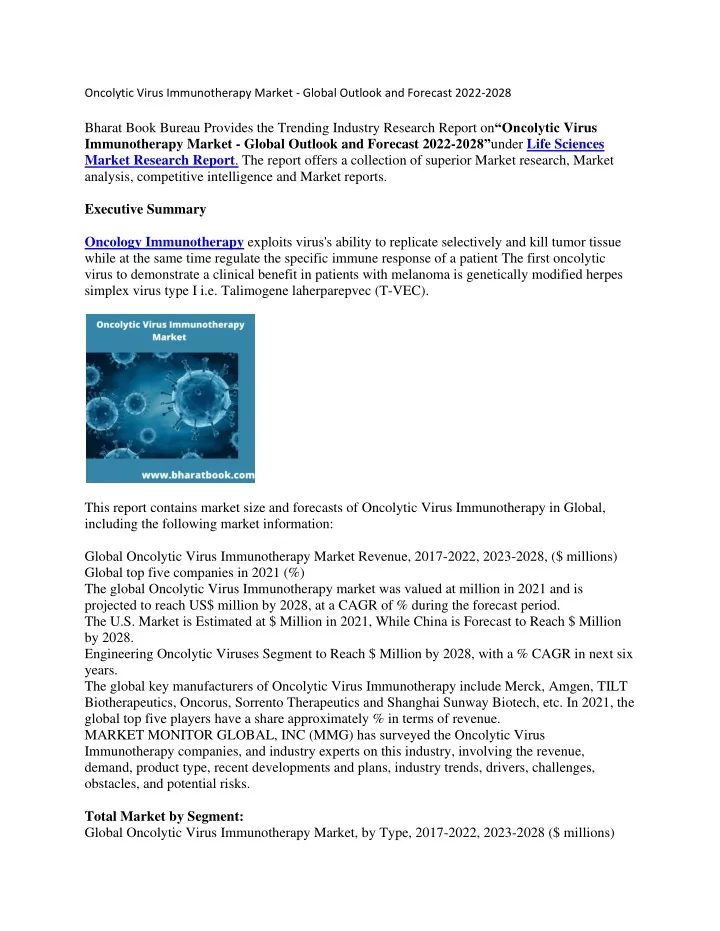 oncolytic virus immunotherapy market global