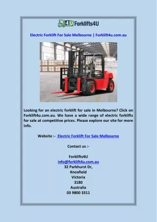 Electric Forklift For Sale Melbourne  Forklift4u.com.au