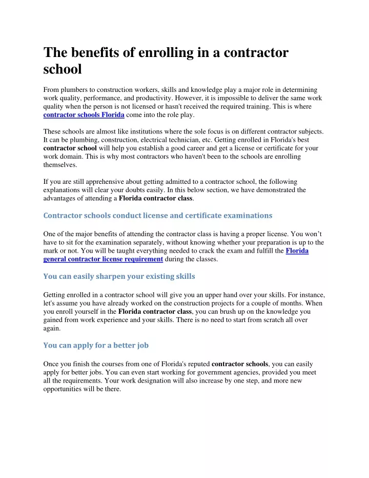 the benefits of enrolling in a contractor school