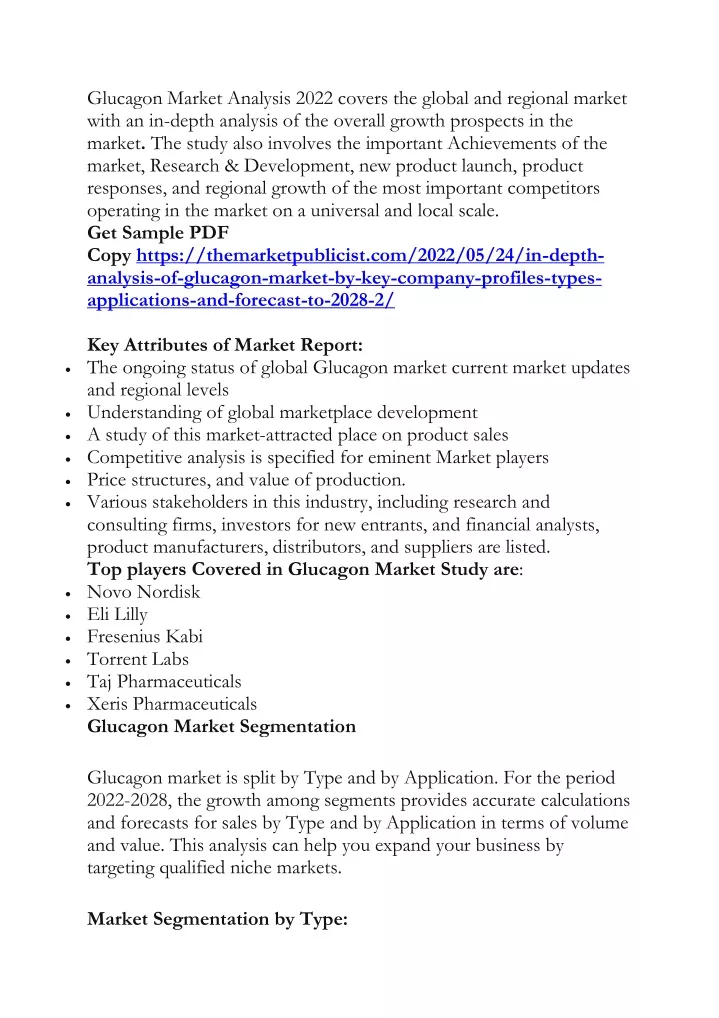 glucagon market analysis 2022 covers the global