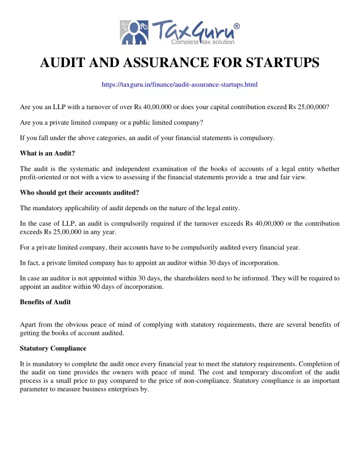 audit and assurance for startups