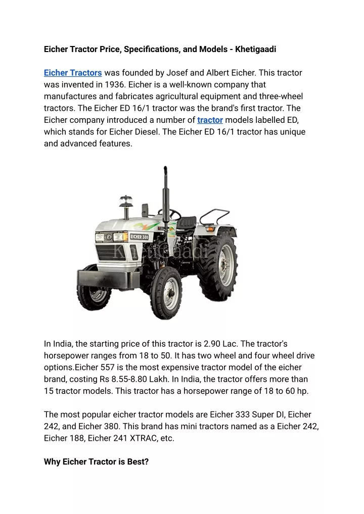 eicher tractor price specifications and models