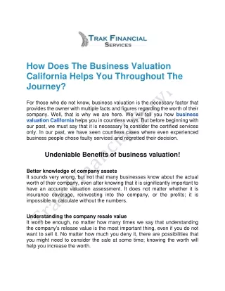 Business Valuation in California at Trak Financial Services