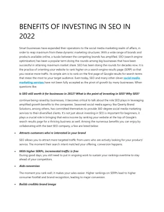 BENEFITS OF INVESTING IN SEO IN 2022