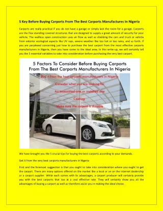 5 Key Before Buying Carports From The Best Carports Manufactures In Nigeria