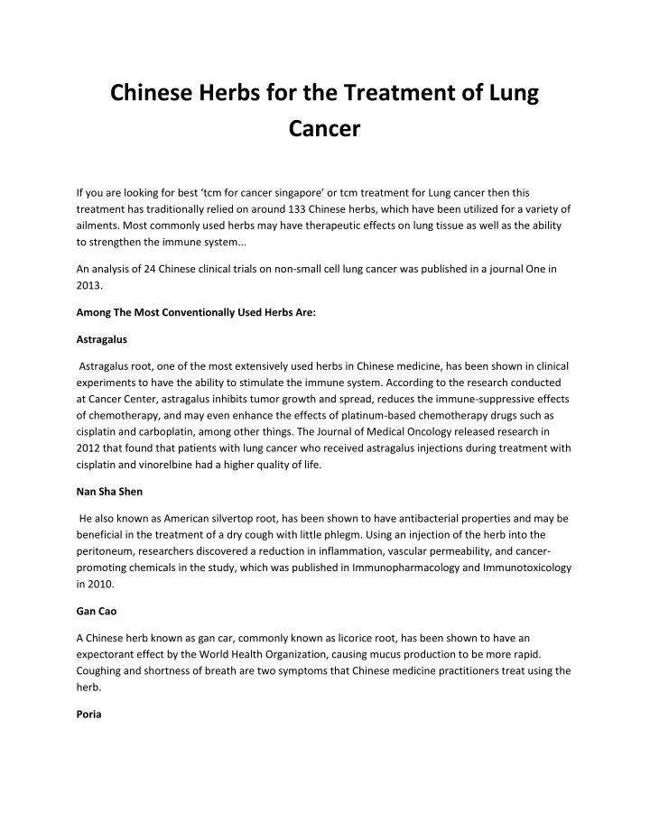 chinese herbs for the treatment of lung cancer