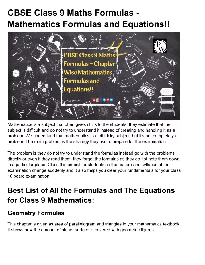 cbse class 9 maths formulas mathematics formulas