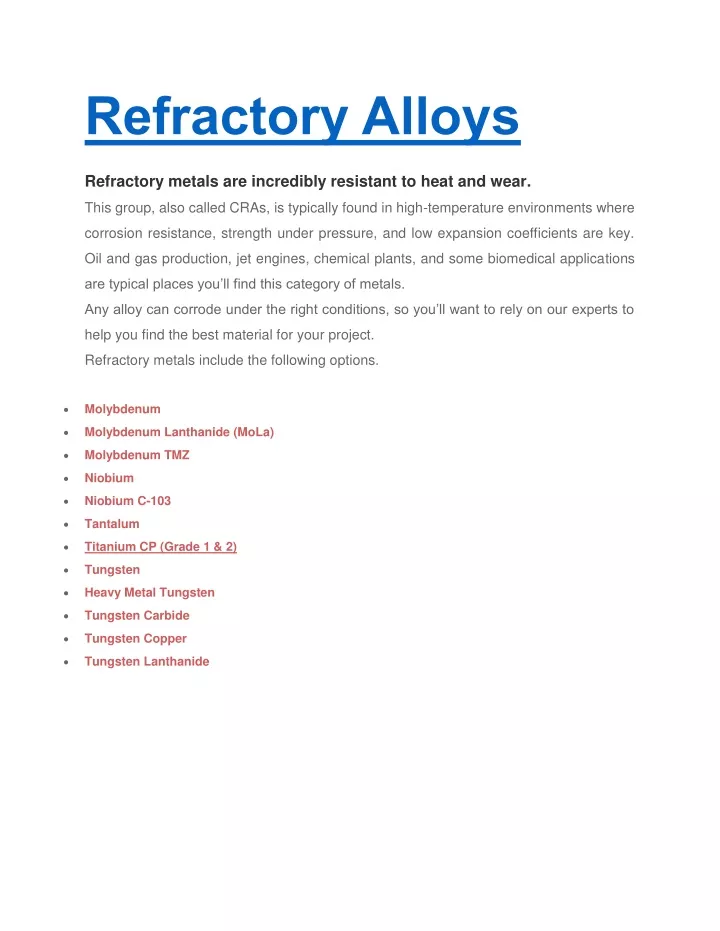 refractory alloys refractory metals