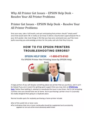 Why All Printer Get Issues – EPSON Help Desk – Resolve Your All Printer Problems