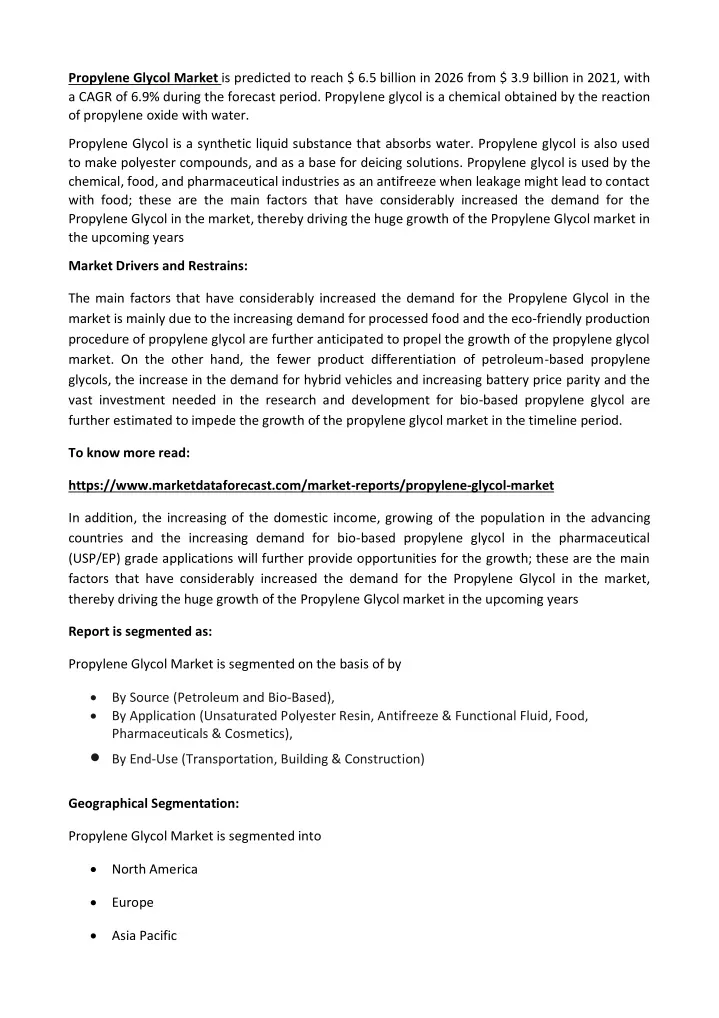 propylene glycol market is predicted to reach