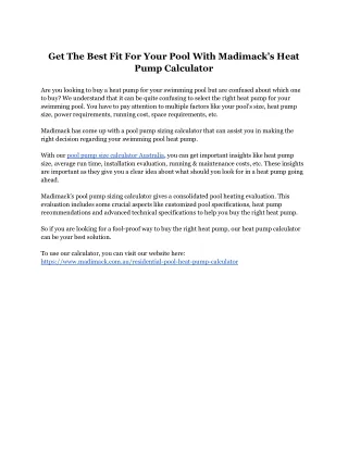 Get The Best Fit For Your Pool With Madimack’s Heat Pump Calculator