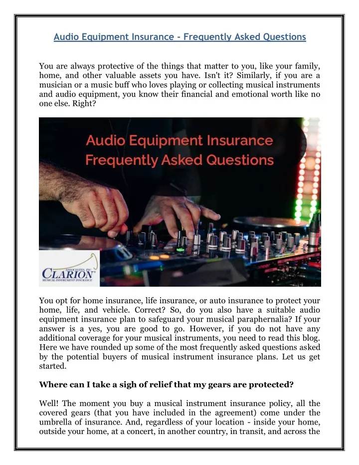 audio equipment insurance frequently asked