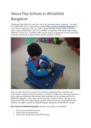 About Play Schools in Whitefield Bangalore