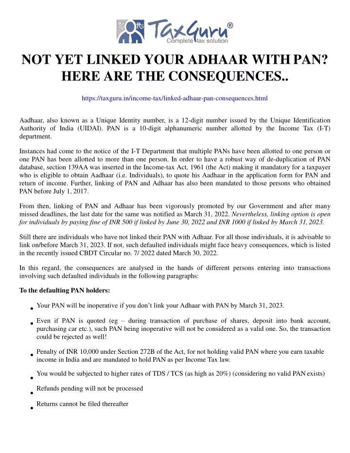 not yet linked your adhaar with pan here are the consequences