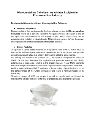 Microcrystalline Cellulose - As A Major Excipient in Pharmaceutical Industry