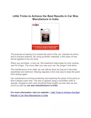 Little Tricks To Achieve The Best Results In Car Wax Manufacture In India
