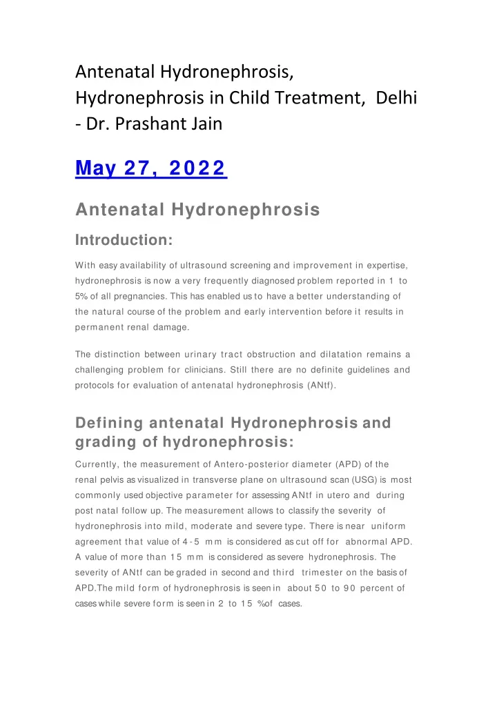 antenatal hydronephrosis hydronephrosis in child treatment delhi dr prashant jain