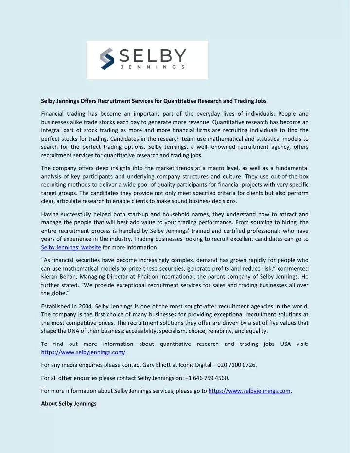 PPT Selby Jennings Offers Recruitment Services for Quantitative