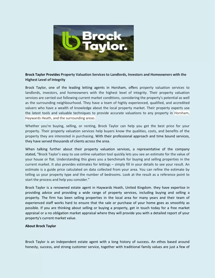 brock taylor provides property valuation services