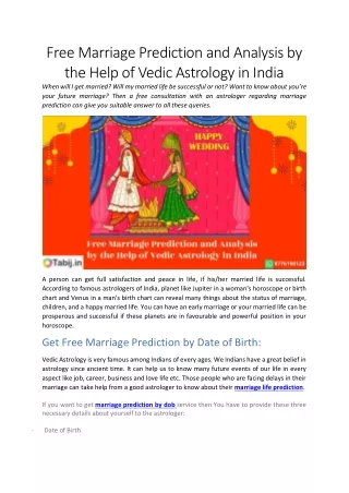 Free Marriage Prediction and Analysis by the Help of Vedic Astrology in India