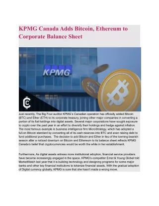 KPMG Canada Adds Bitcoin, Ethereum to Corporate Balance Sheet