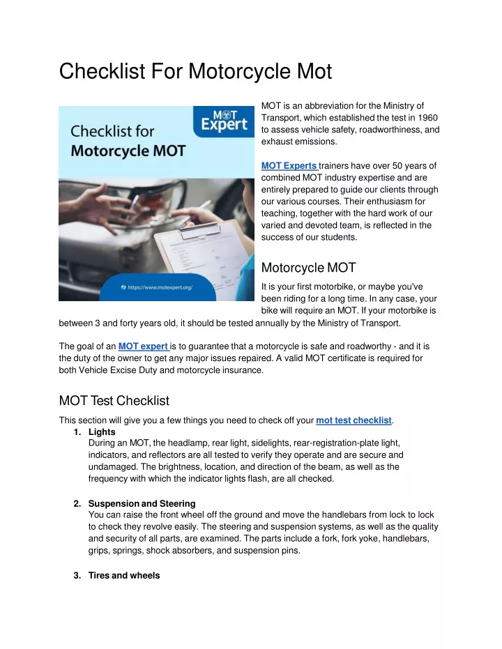 checklist for motorcycle mot