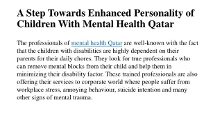 A Step Towards Enhanced Personality of Children With Mental Health Qatar
