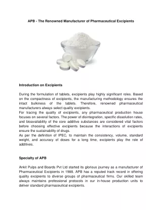 APB - The Renowned Manufacturer of Pharmaceutical Excipients