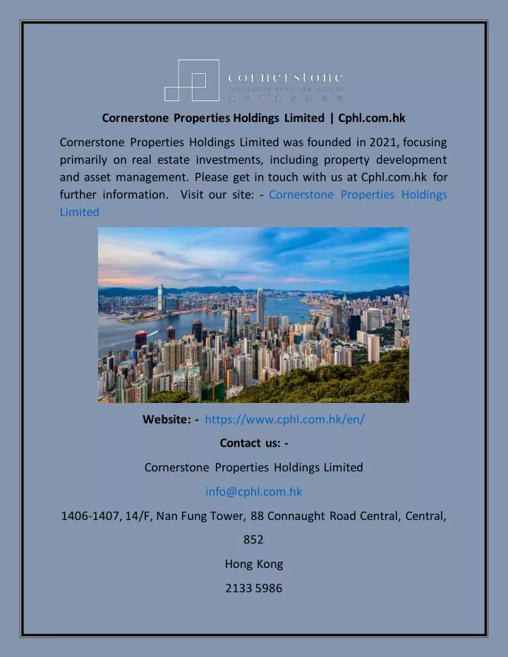 cornerstone properties holdings limited cphl