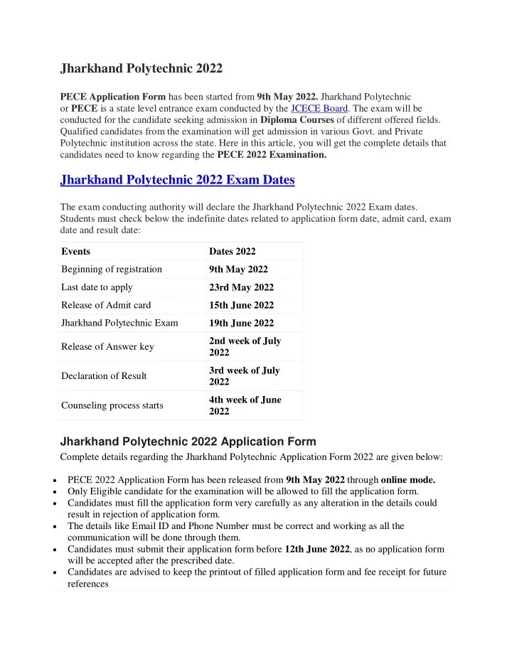 jharkhand polytechnic 2022 pece application form
