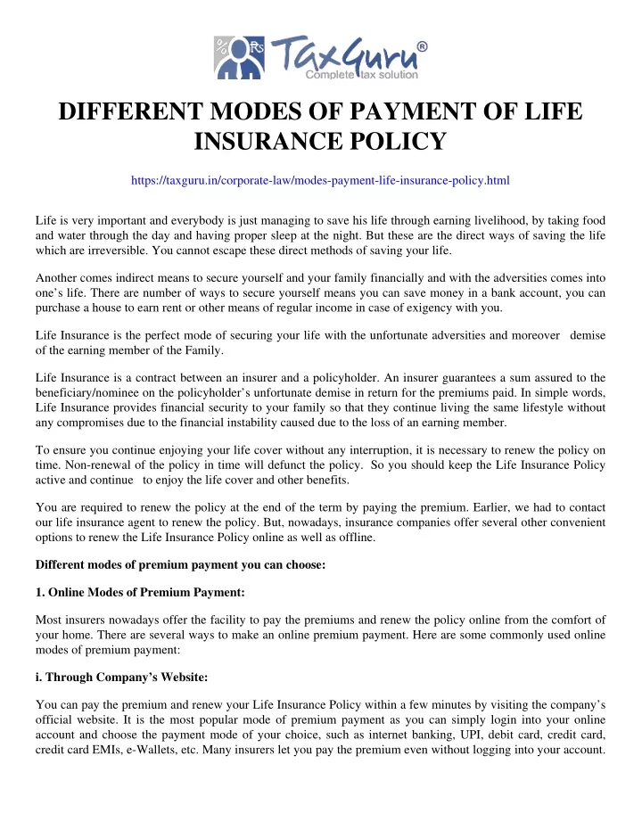 different modes of payment of life insurance