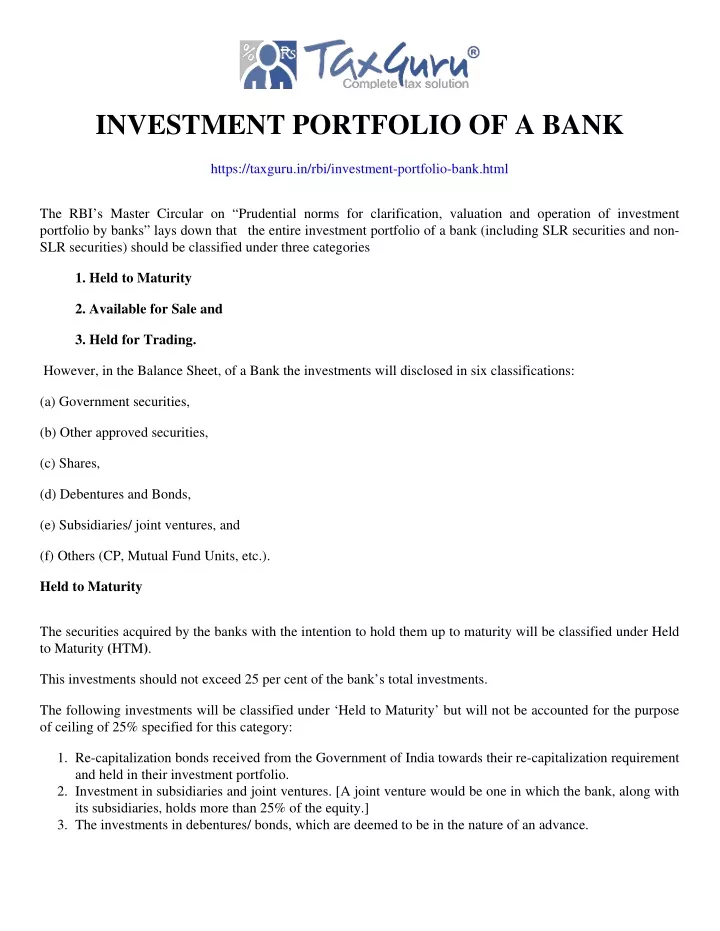 investment portfolio of a bank
