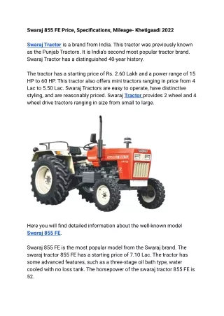 Swaraj 855 FE Price, Specifications, Mileage- Khetigaadi 2022
