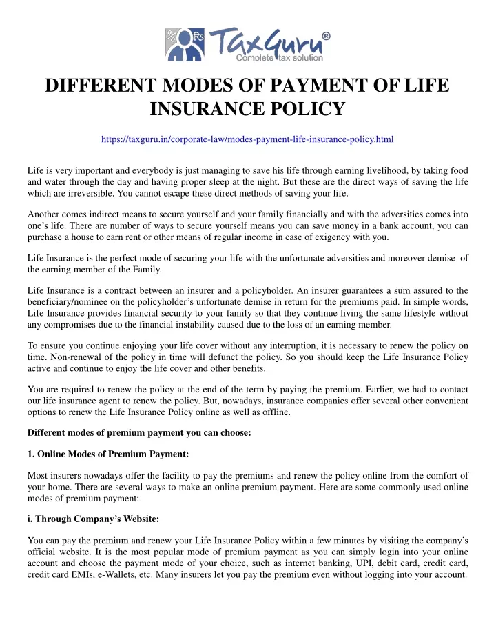 different modes of payment of life insurance policy