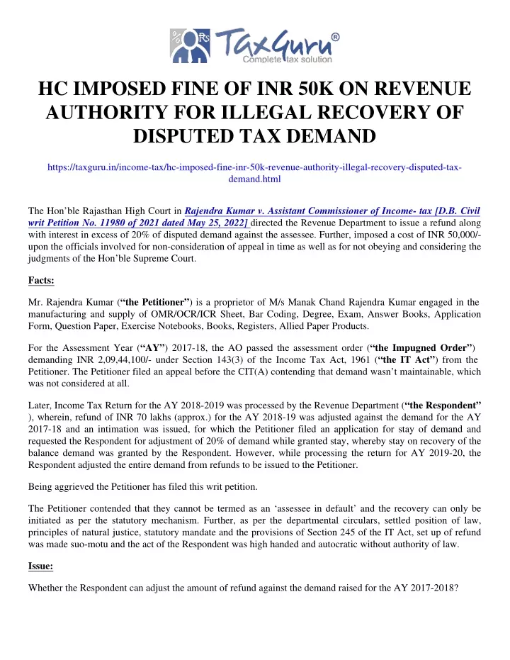 hc imposed fine of inr 50k on revenue authority