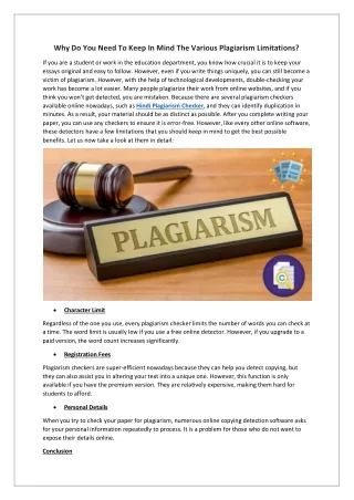 Need To Keep in Mind The Various Plagiarism Limitations