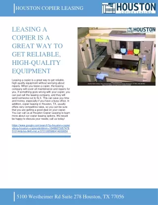 HOUSTON COPIER LEASING - LEASING A COPIER IS A GREAT WAY TO GET RELIABLE, HIGH-QUALITY EQUIPMENT