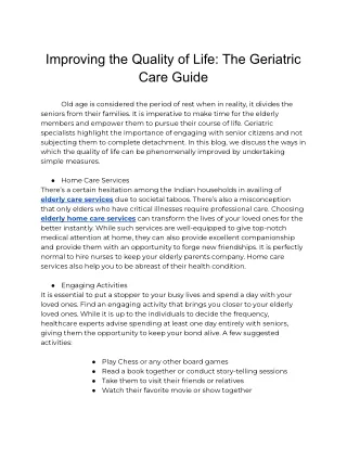 improving the quality of life the geriatric care