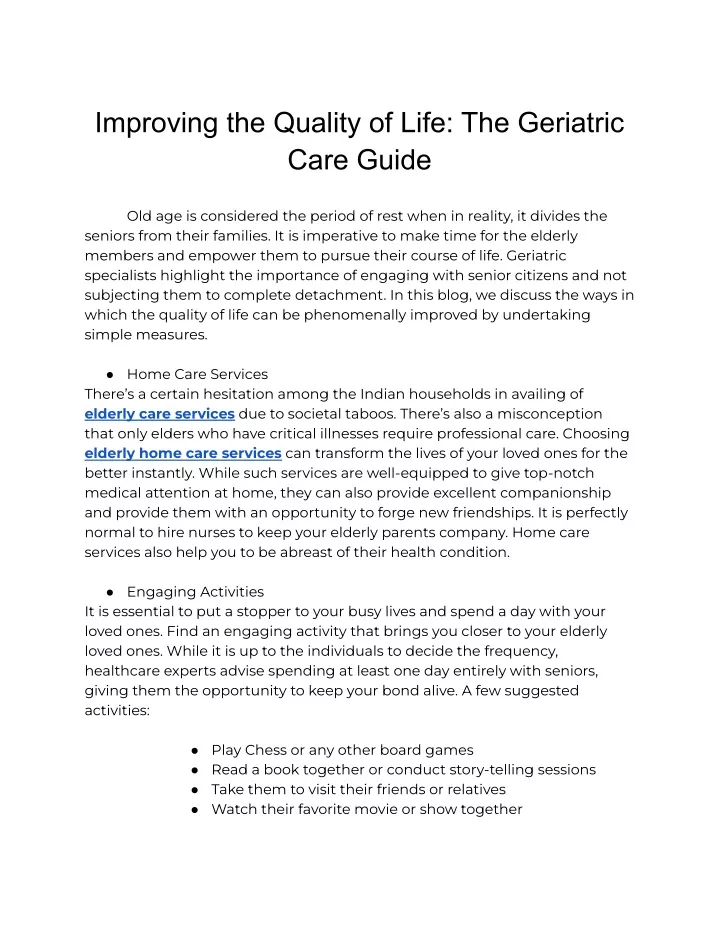 improving the quality of life the geriatric care