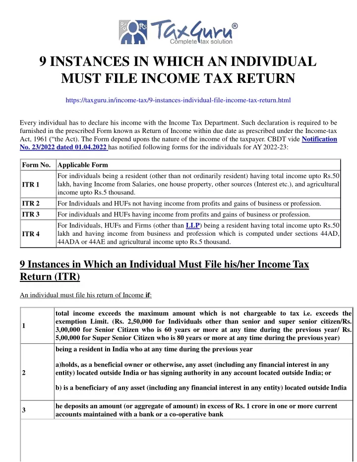 9 instances in which an individual must file income tax return