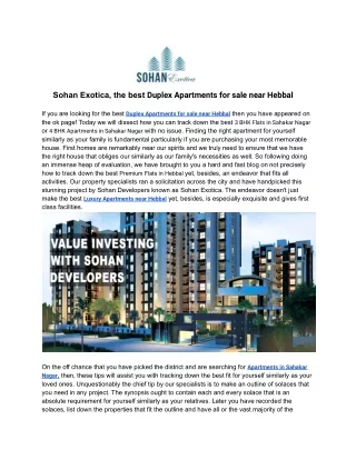 Sohan Exotica, the best Duplex Apartments for sale near Hebbal