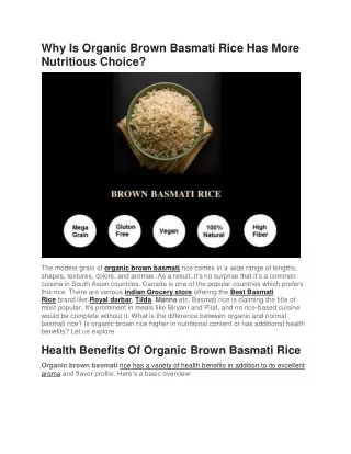 Why Is Organic Brown Basmati Rice Has More Nutritious Choice