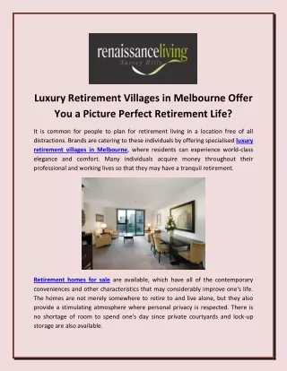 Luxury Retirement Villages in Melbourne Offer You a Picture Perfect Retirement Life