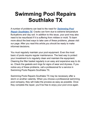 Swimming Pool Repairs Southlake TX