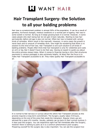 Hair Transplant Surgery- the Solution to all your balding problems