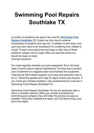 Swimming Pool Repairs Southlake TX