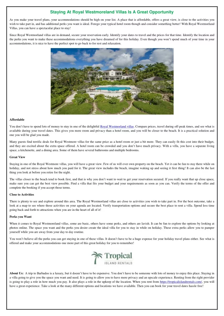 staying at royal westmoreland villas is a great