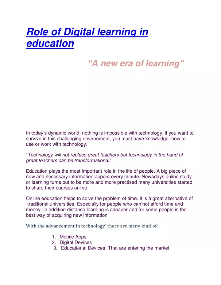 role of digital learning in education