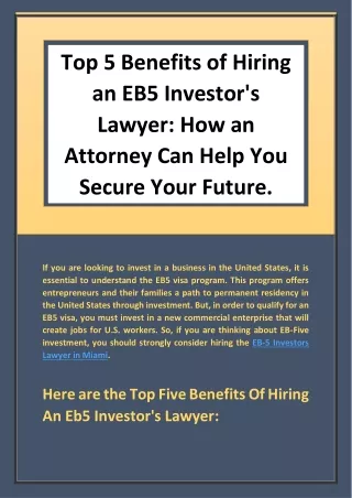 Top 5 Benefits of Hiring an EB5 Investor's Lawyer How an Attorney Can Help You Secure Your Future.